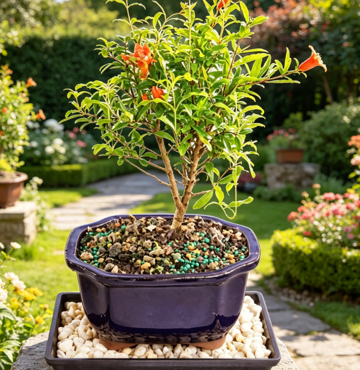 Live Dwarf Pomegranate Indoor Bonsai Tree - 5 Years Old; 8" to 12" Tall with Decorative Container, Humidity Tray & Deco Rock