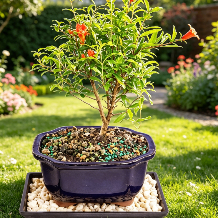 Live Dwarf Pomegranate Indoor Bonsai Tree - 5 Years Old; 8" to 12" Tall with Decorative Container, Humidity Tray & Deco Rock - Image 2