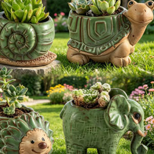 Small Succulent Pots with Drainage, Indoor/Outdoor Ceramic Animal Planter, Cute Cactus/Bonsai Small Flower Pots for Home Decor and Office Desk Decoration, A Set of 4 Pieces is Suitable as A Gift