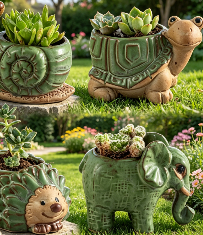 Small Succulent Pots with Drainage, Indoor/Outdoor Ceramic Animal Planter, Cute Cactus/Bonsai Small Flower Pots for Home Decor and Office Desk Decoration, A Set of 4 Pieces is Suitable as A Gift