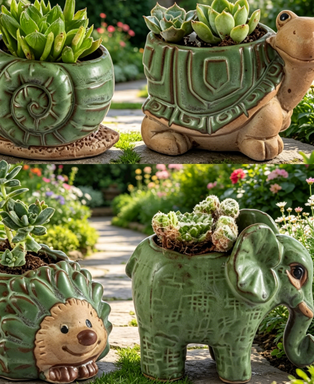Small Succulent Pots with Drainage, Indoor/Outdoor Ceramic Animal Planter, Cute Cactus/Bonsai Small Flower Pots for Home Decor and Office Desk Decoration, A Set of 4 Pieces is Suitable as A Gift - Image 2