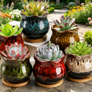 Set of 6 Succulent Plant Pots, 4 Inch Glazed Ceramic Cute Plant Pots with Drainage and Saucer, Mini Bonsai Planter Small Cactus Flower Pots for Indoor Outdoor Use
