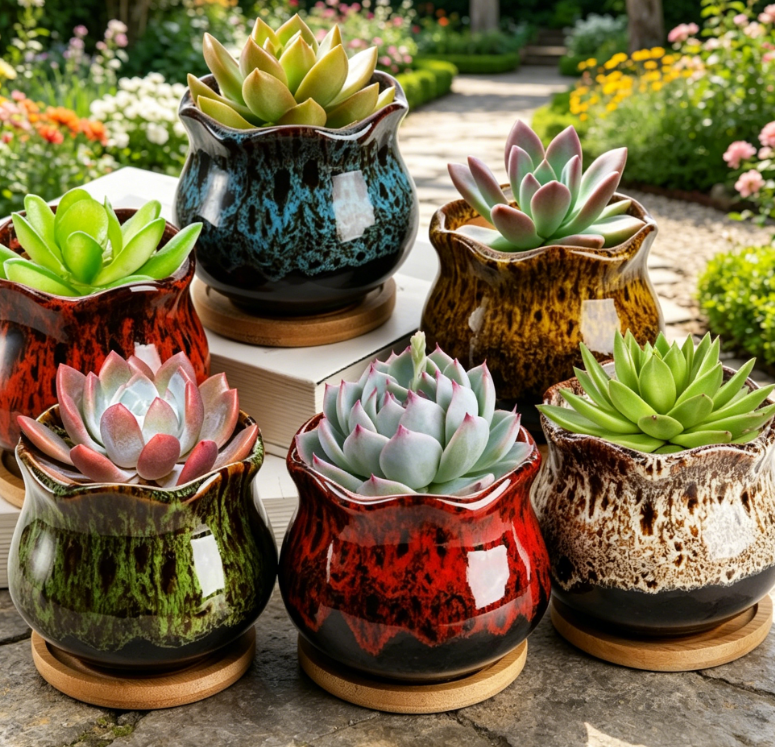 Set of 6 Succulent Plant Pots, 4 Inch Glazed Ceramic Cute Plant Pots with Drainage and Saucer, Mini Bonsai Planter Small Cactus Flower Pots for Indoor Outdoor Use