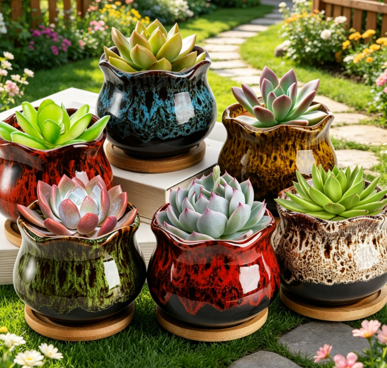 Set of 6 Succulent Plant Pots, 4 Inch Glazed Ceramic Cute Plant Pots with Drainage and Saucer, Mini Bonsai Planter Small Cactus Flower Pots for Indoor Outdoor Use - Image 2